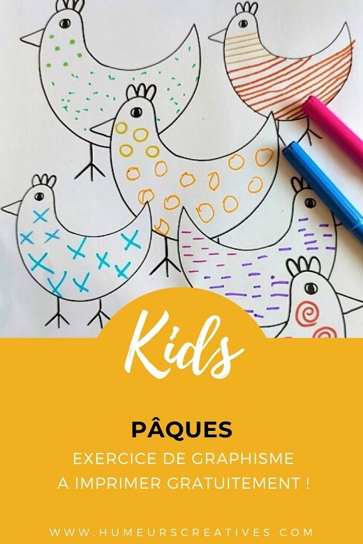 Exercice graphisme pour enfants : poules de paques à imprimer