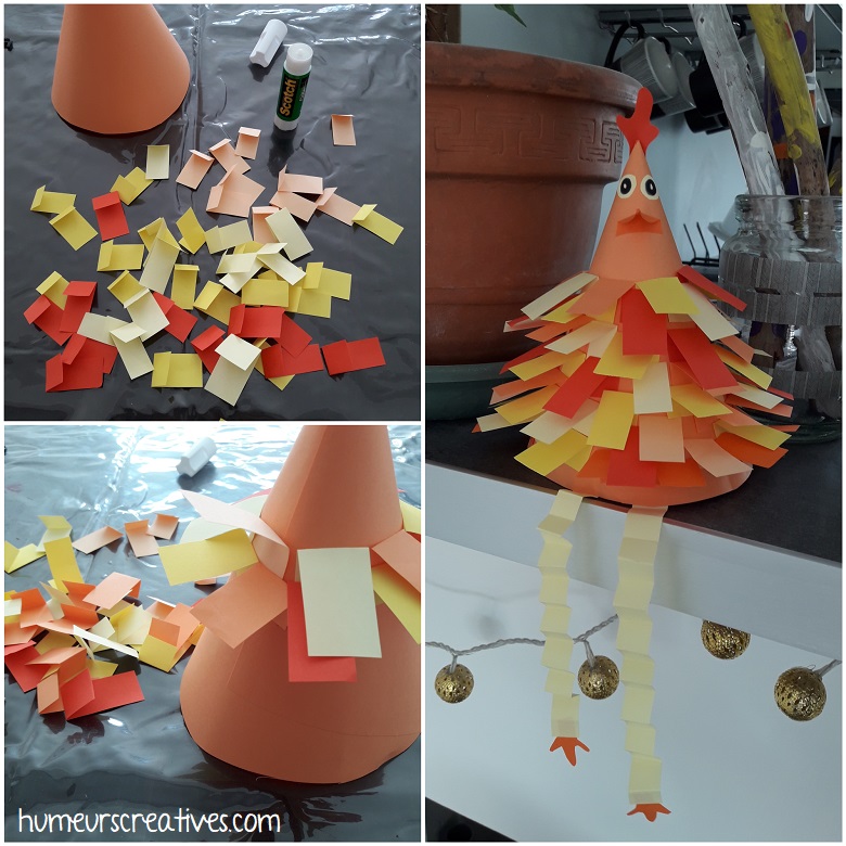 une poule en cône avec collage de petits papiers