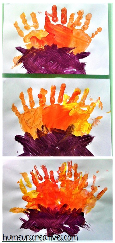 feu de bois réalisés par les enfants avec de la peinture