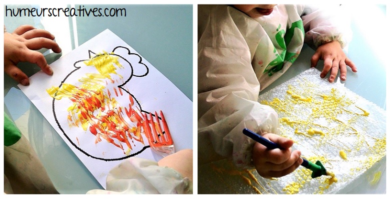 poule peint avec une fourchette par les enfants