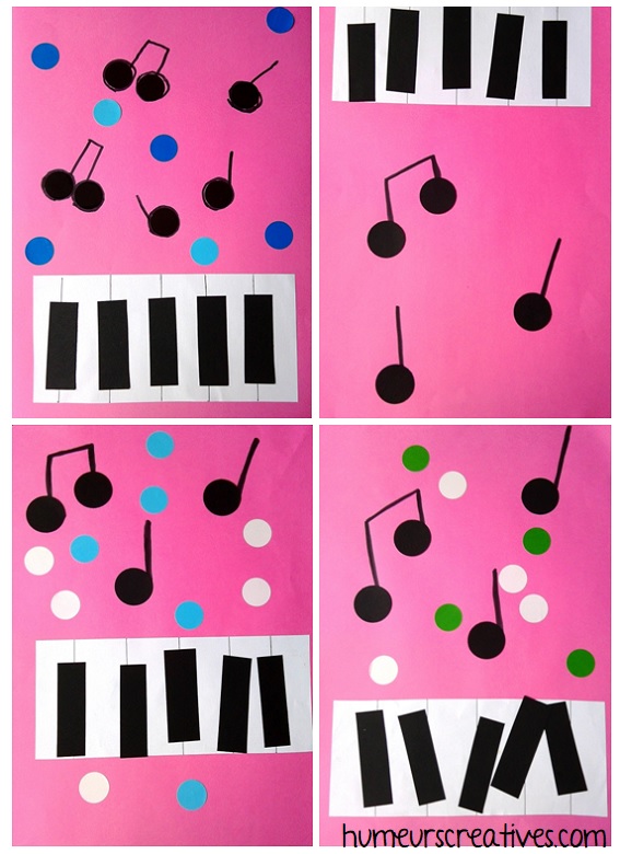 activité manuelle pour enfants sur la musique : créer et coller un piano et des notes de musique