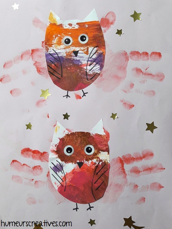 bricolage pour enfant : chouette en peinture avec empreintes de mains pour les ailes