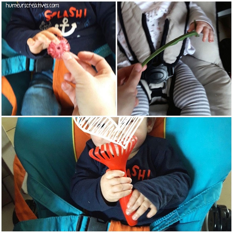 manipulation des objets du bac printanier par les bébés