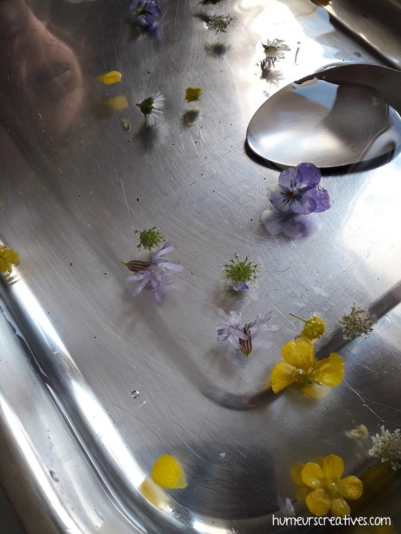 les enfants récupèrent les fleurs avec une cuillère