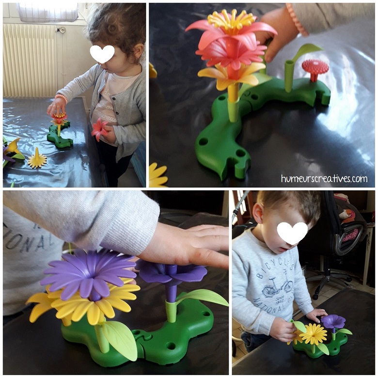 jeu ludique pour enfants : encastrer pour réaliser des bouquets de fleurs