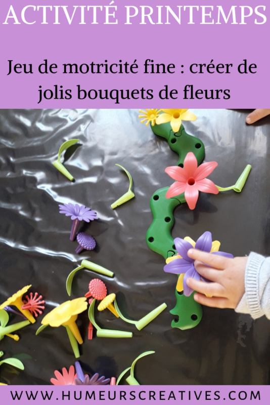 jeu ludique pour enfants : fabriquer des bouquets de fleurs. Permet de développer la motricité fine et la créativité des enfants