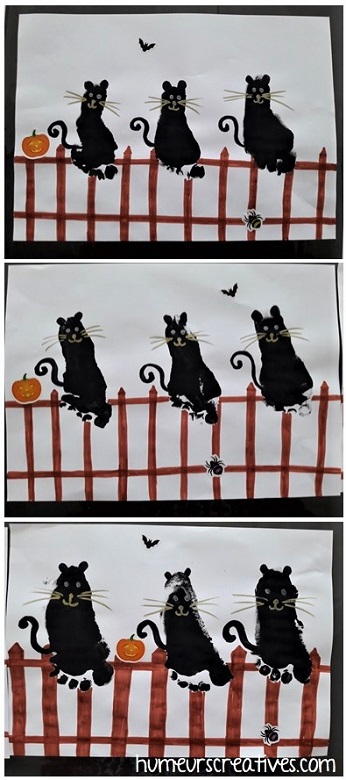 chats noirs d'halloween en empreintes de pieds