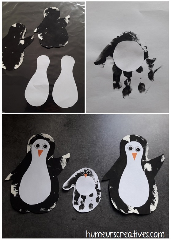 pingouins réalisés avec des empreintes de pieds et mains