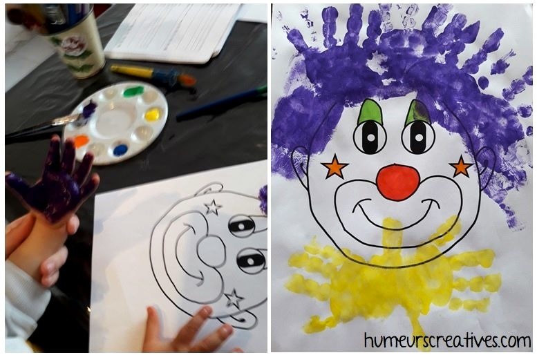 peinture sur les mains de l'enfant pour faire le clown