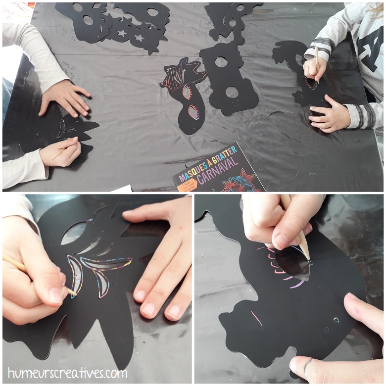 décoration des masques à gratter par les enfants