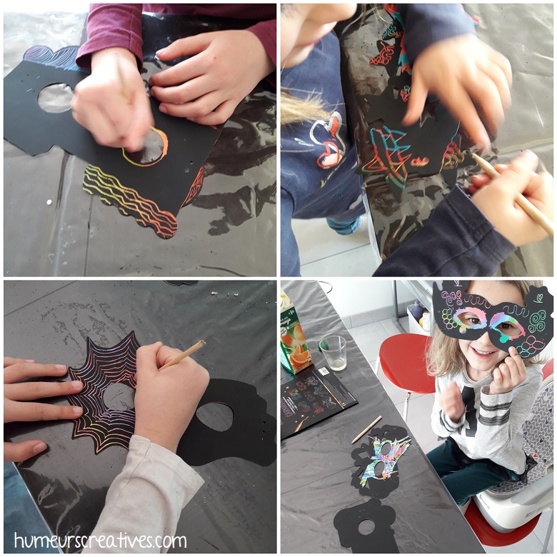 activité manuelle masques à gratter par les enfants