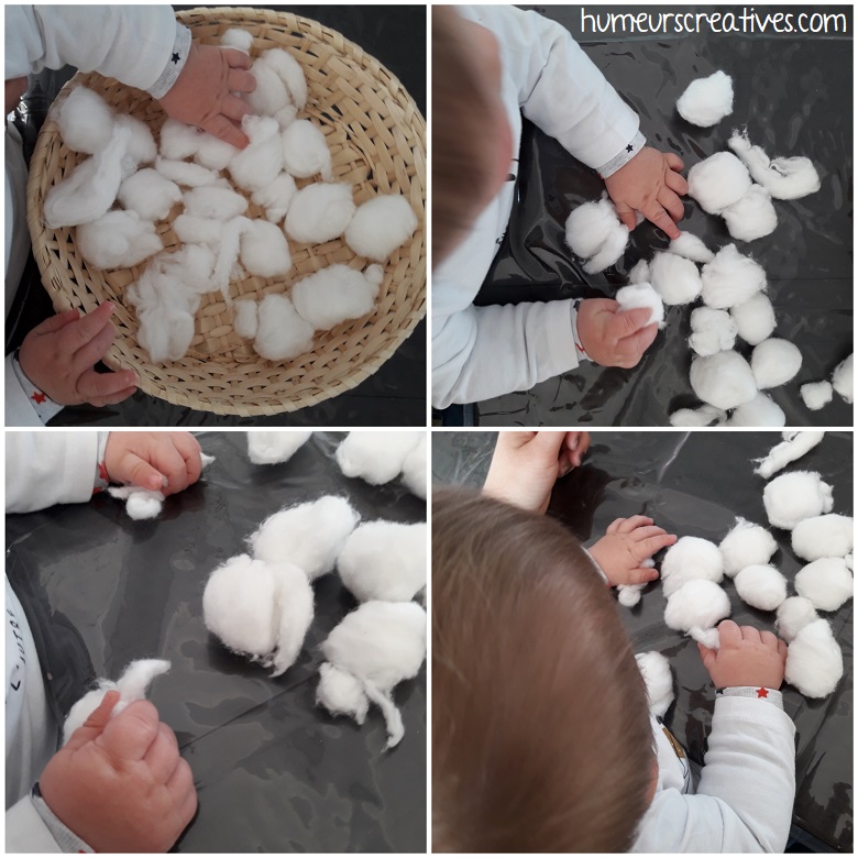 activité sensorielle pour les petits : toucher le coton avec les mains