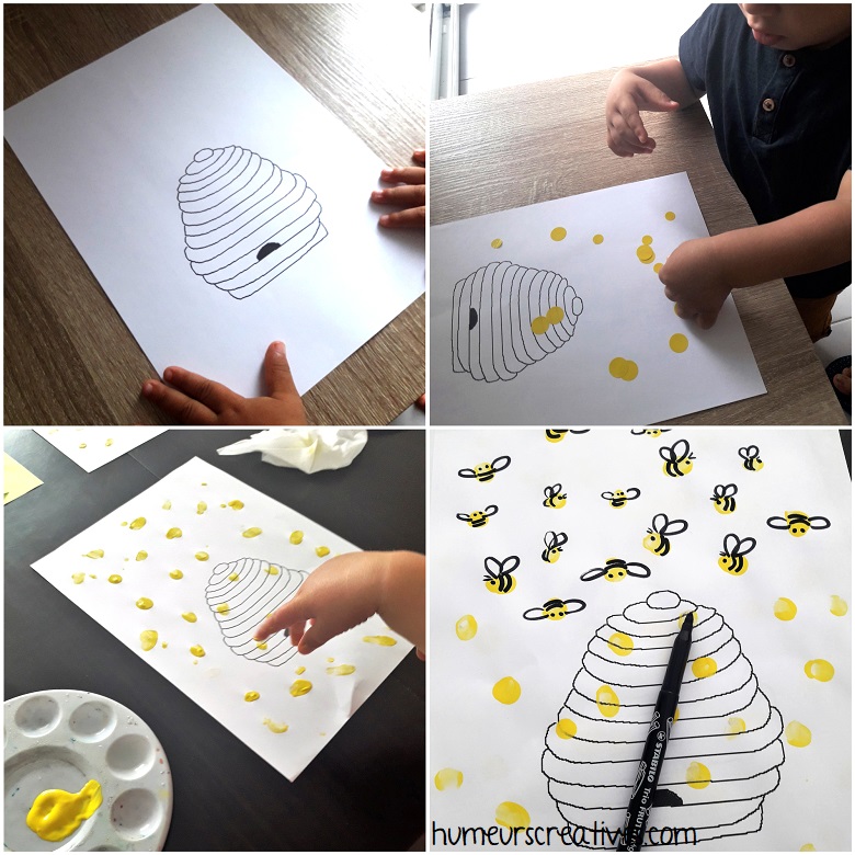réaliser des abeilles avec de la peinture aux doigts ou avec des gommettes