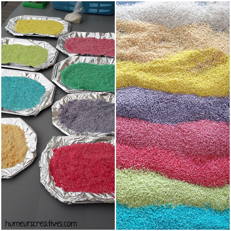 séchage du riz coloré