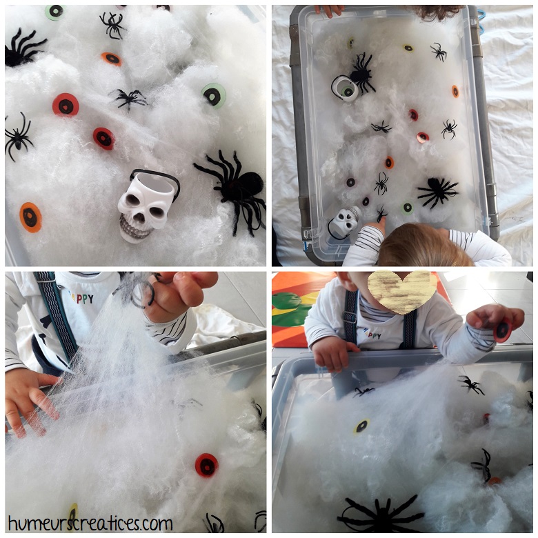 bac sensoriel pour enfants sur Halloween, avec des toiles d'araignées