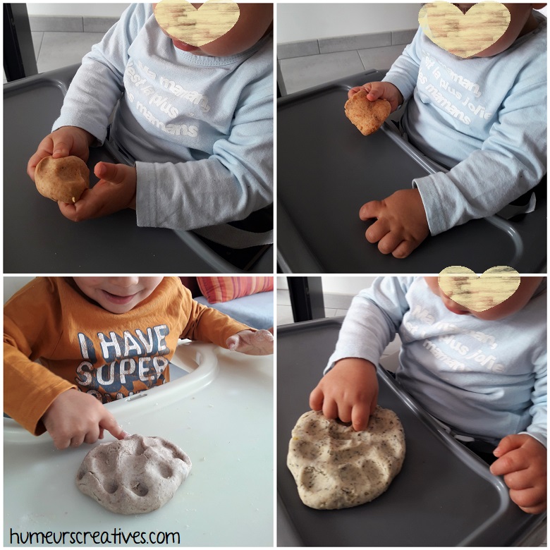 découverte de la pâte à modeler par les enfants / on enfonce nos doigts dans la pâte