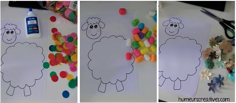 décorer des moutons avec des playmais, des fleurs ou des confettis colorés